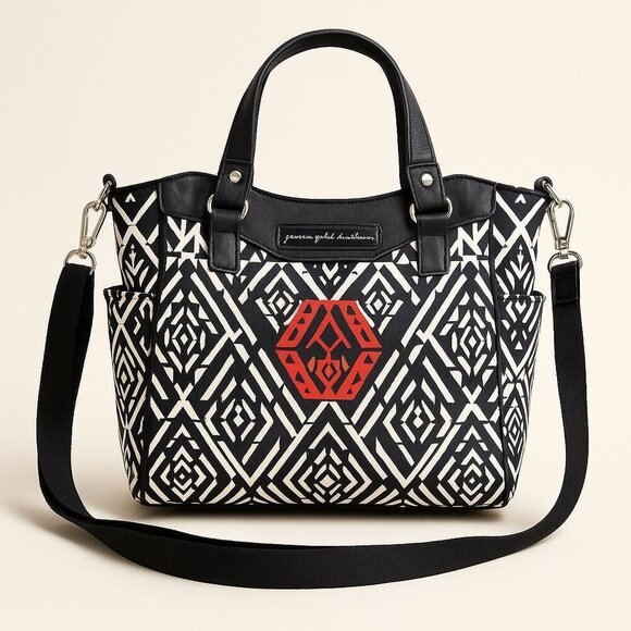 Tribal Print Black & White Tote Bag with Red Accent diaper bag- black& white - Picture 1 of 8